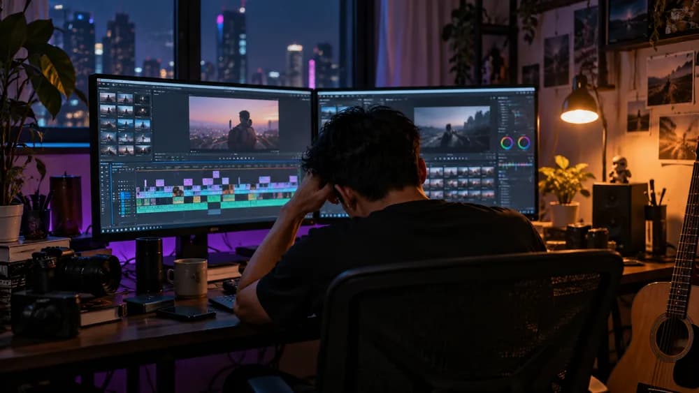 Người làm nội dung ngồi dựng video ban đêm