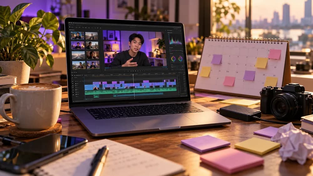 Laptop dựng video bên lịch đăng nội dung