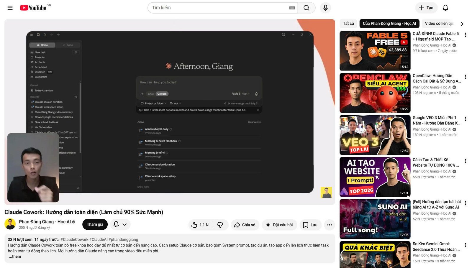 Video hướng dẫn Claude Cowork trên kênh YouTube Phan Đông Giang - Học AI
