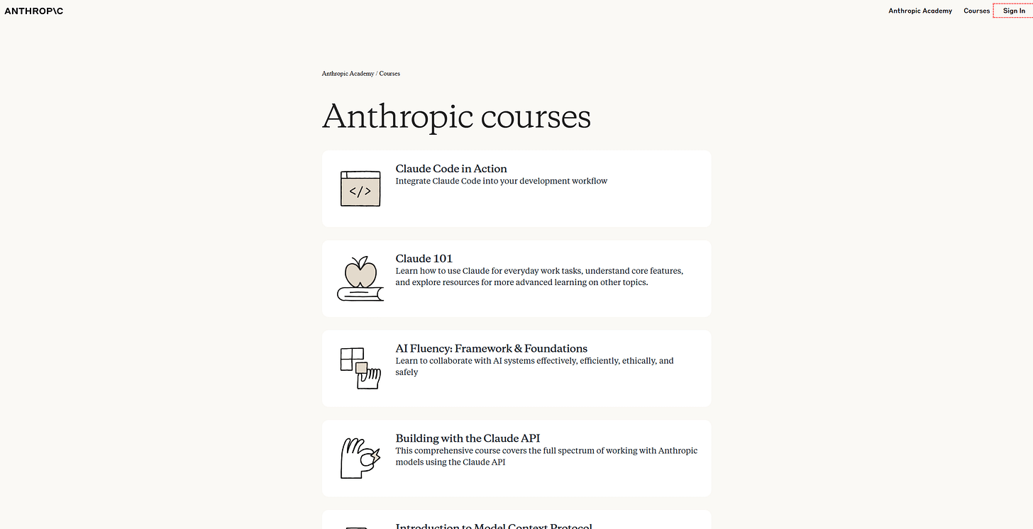 Trang danh sách khóa học Anthropic Academy tại anthropic.skilljar.com