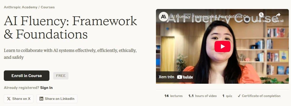 Trang khóa học AI Fluency: Framework & Foundations trên Anthropic Academy