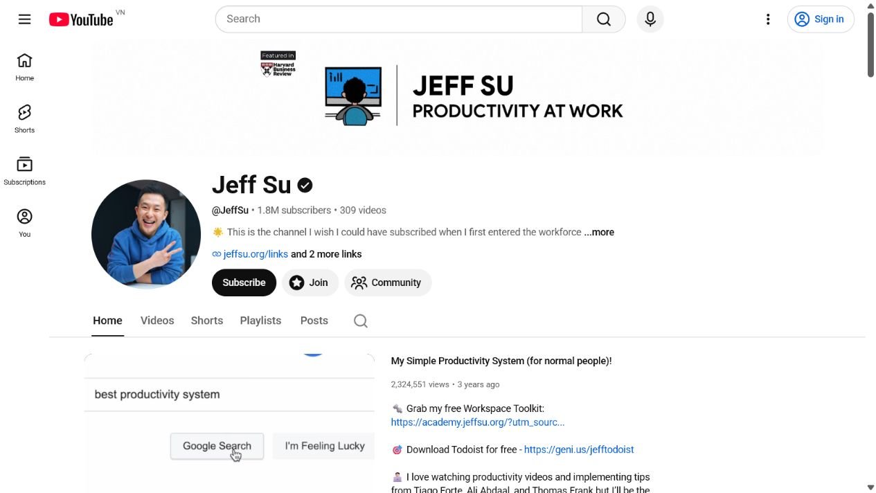 Ảnh chụp màn hình kênh YouTube của Jeff Su