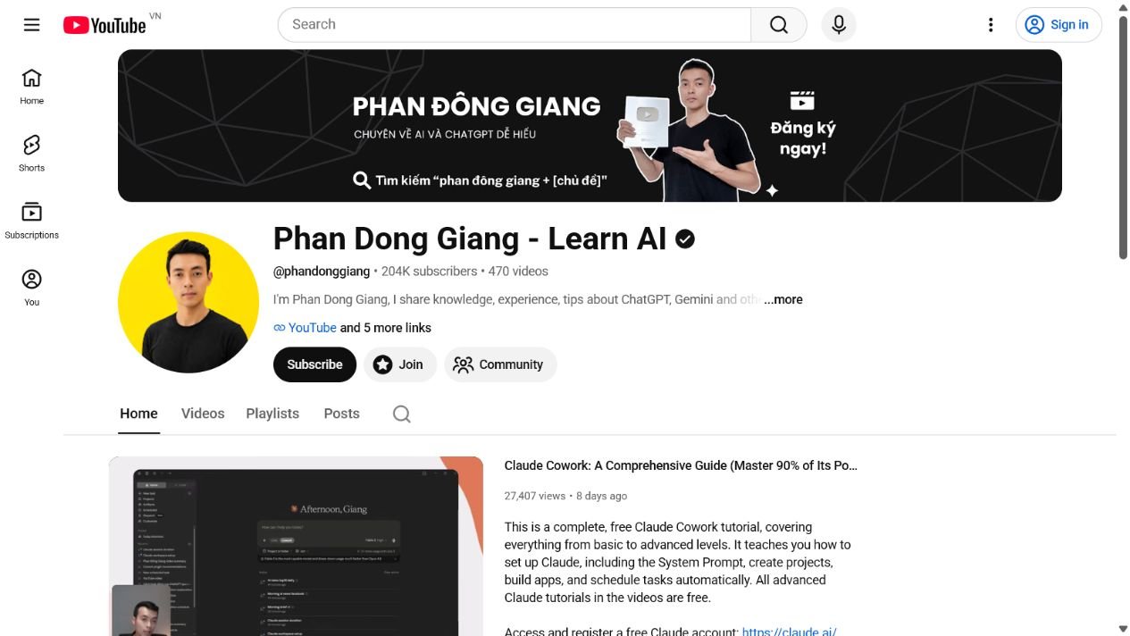 Ảnh chụp màn hình kênh YouTube của Phan Đông Giang
