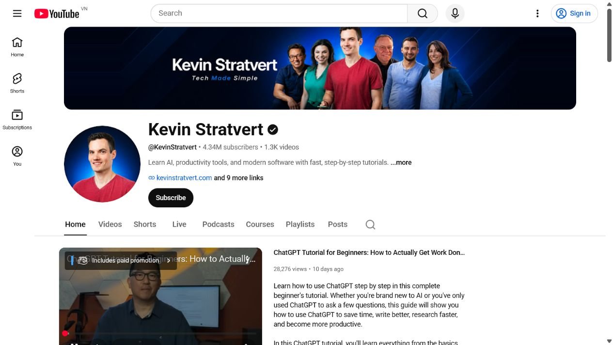 Ảnh chụp màn hình kênh YouTube của Kevin Stratvert