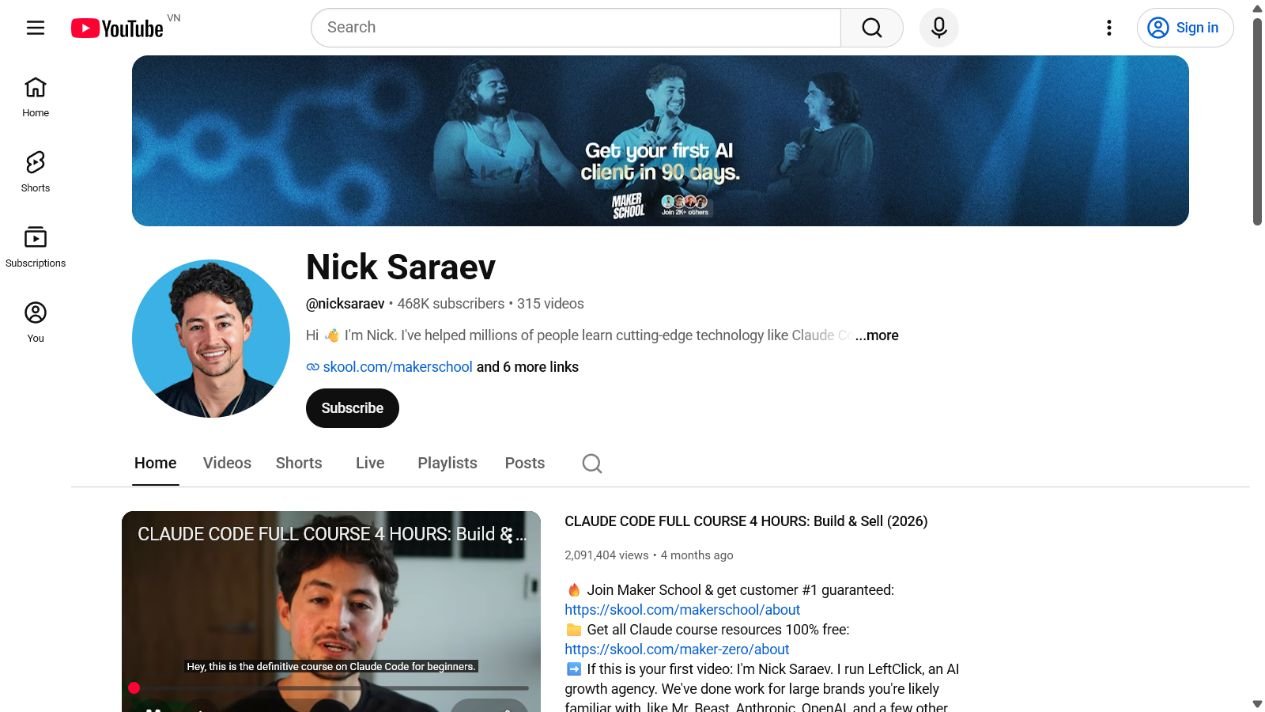 Ảnh chụp màn hình kênh YouTube của Nick Saraev