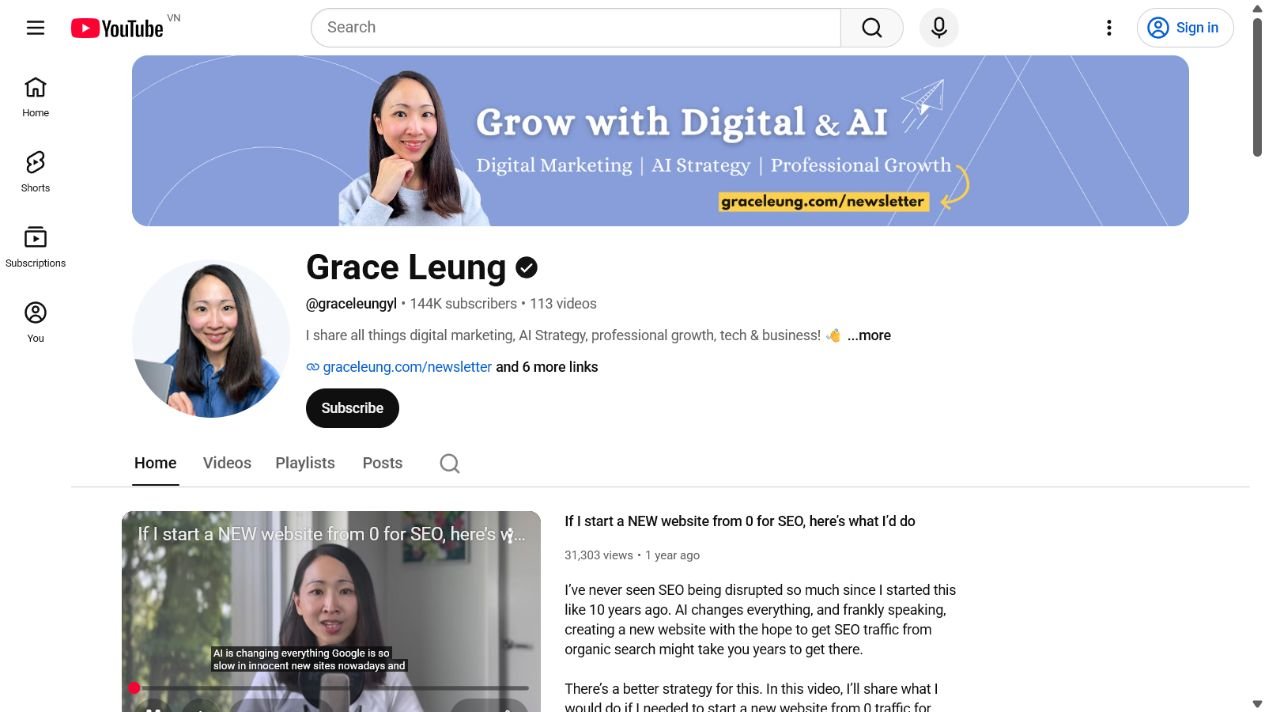 Ảnh chụp màn hình kênh YouTube của Grace Leung