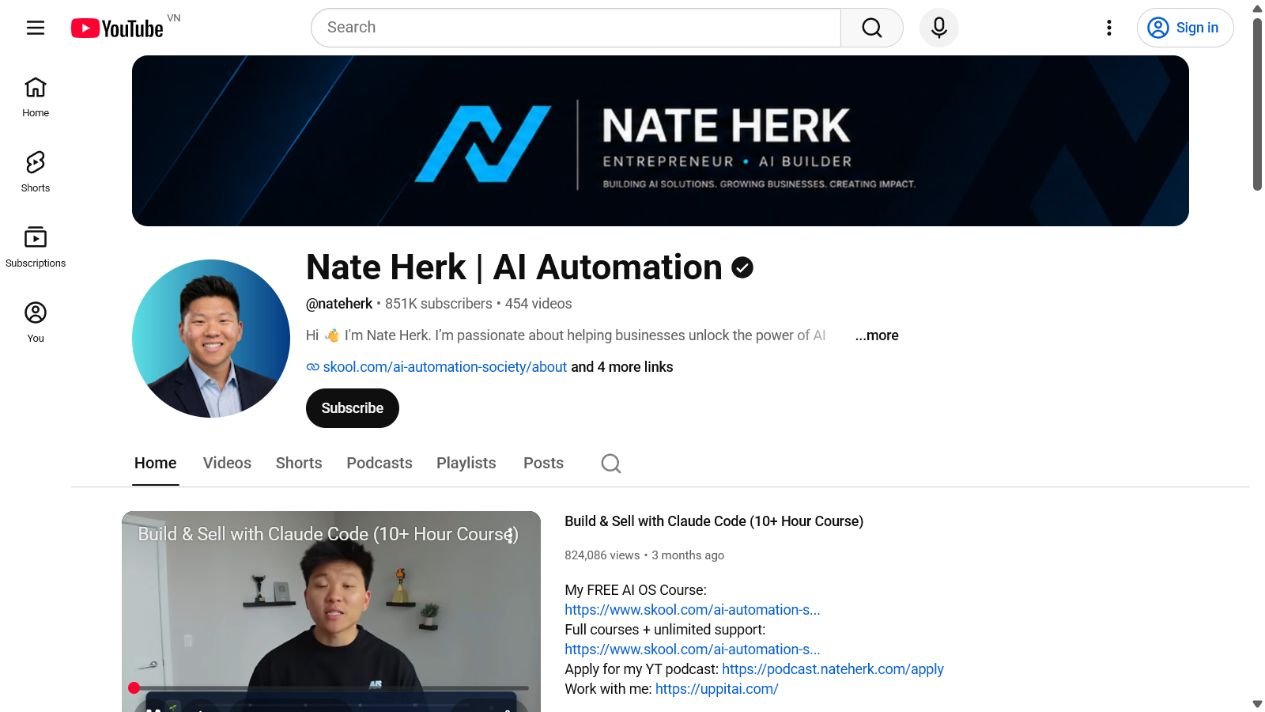 Ảnh chụp màn hình kênh YouTube của Nate Herk