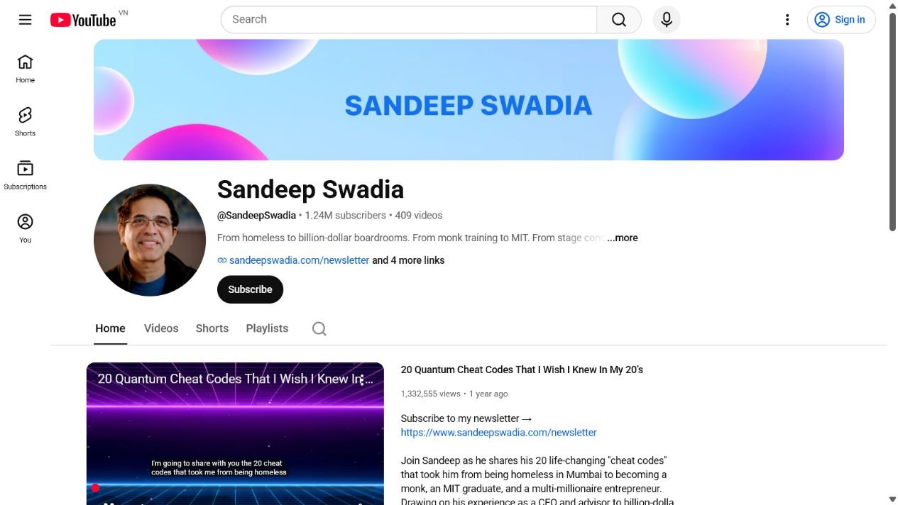 Ảnh chụp màn hình kênh YouTube của Sandeep Swadia