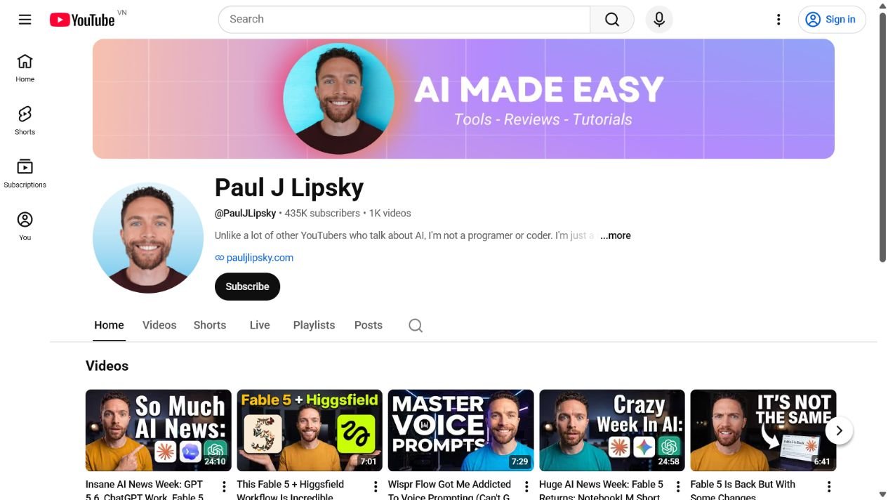 Ảnh chụp màn hình kênh YouTube của Paul J Lipsky