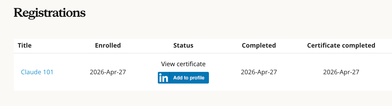 Trang chứng nhận hoàn thành khóa học, nơi lấy thông tin để thêm vào LinkedIn