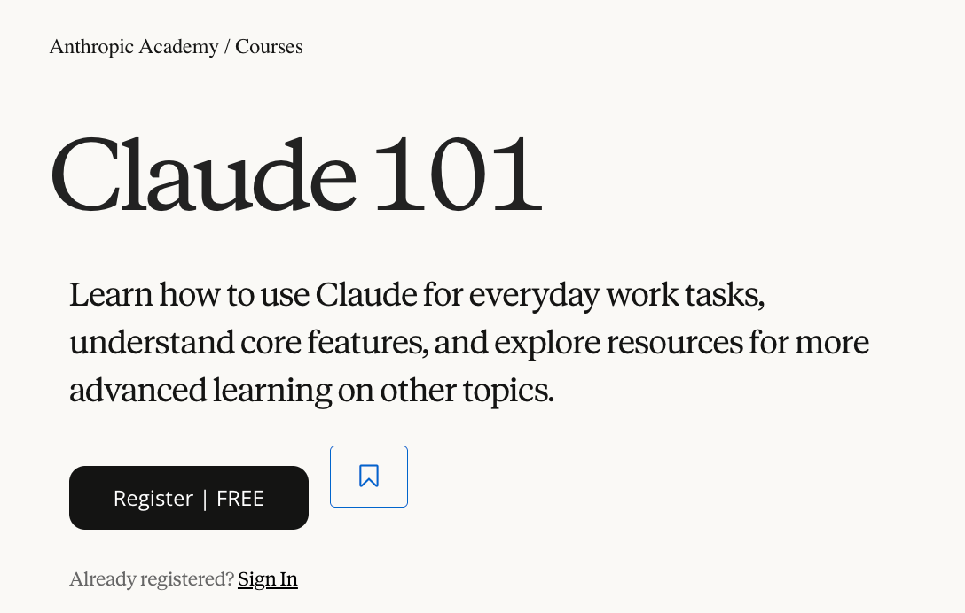 Giao diện khóa học Claude 101 trên Anthropic Academy