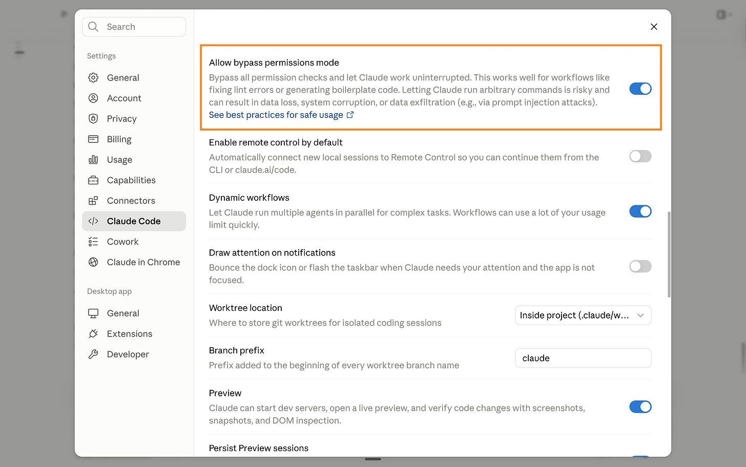 Màn hình Settings của Claude Code với tùy chọn Allow bypass permissions mode