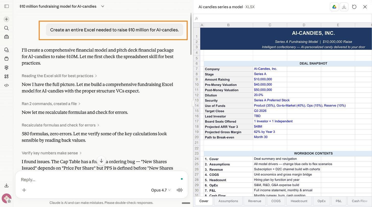 Claude tạo một file Excel hoàn chỉnh với nhiều tab và công thức, xem trước ngay trong khung chat.