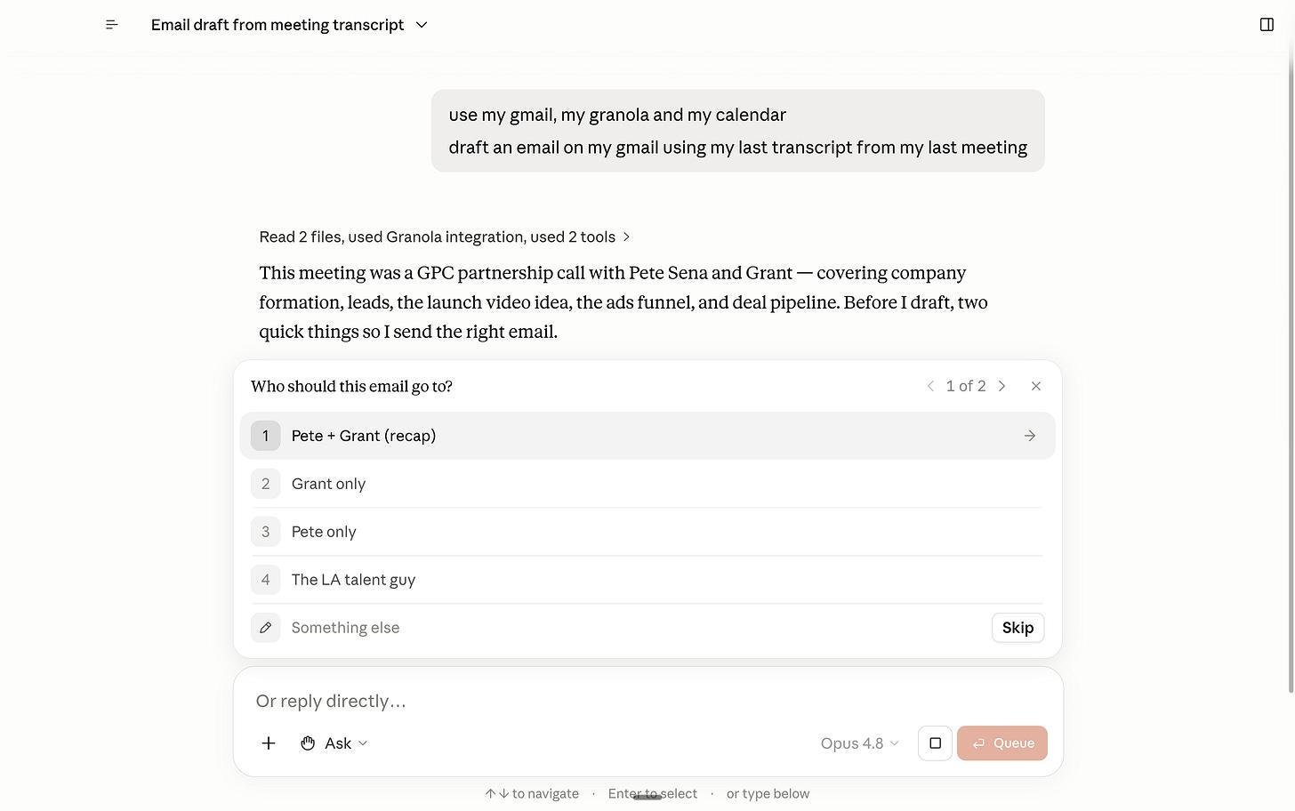 Ảnh chụp màn hình Claude trả lời một câu hỏi bằng cách tham khảo cả email, transcript cuộc họp và lịch của người dùng