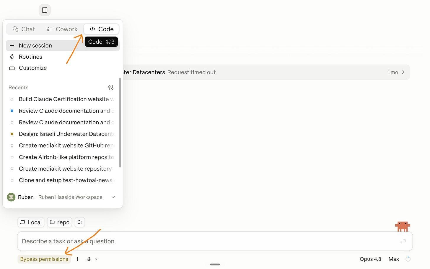 Ảnh chụp màn hình tab Claude Code ở sidebar bên trái, với chế độ Bypass permissions đang được bật