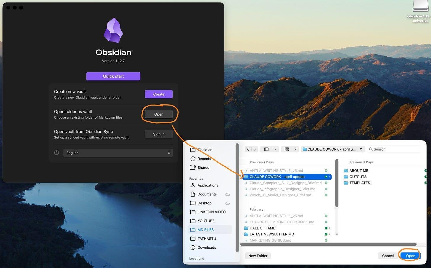 Ảnh chụp thao tác chọn 'Open folder as a vault' trong Obsidian để mở thư mục Cowork
