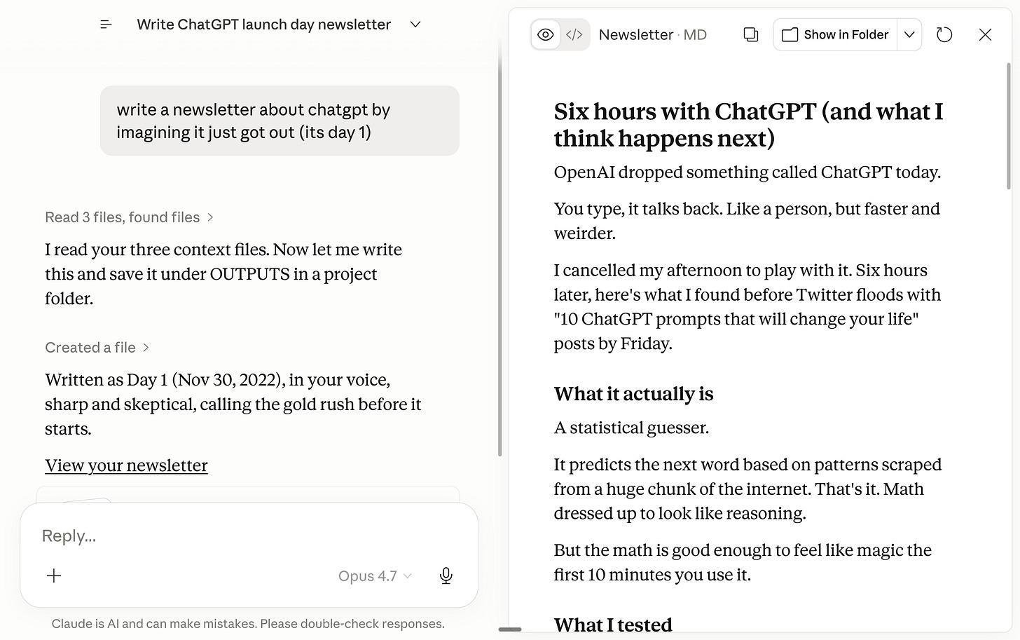 Ảnh chụp một đoạn newsletter do Claude viết theo đúng giọng văn của tác giả, dựa trên file mô tả bản thân