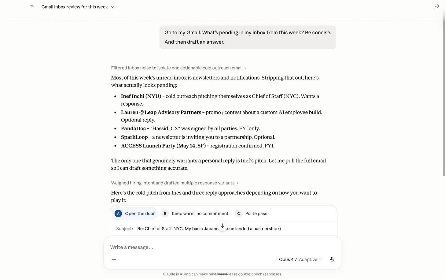 Claude tự tạo các bản nháp trả lời email tương ứng với số email chưa đọc trong Gmail