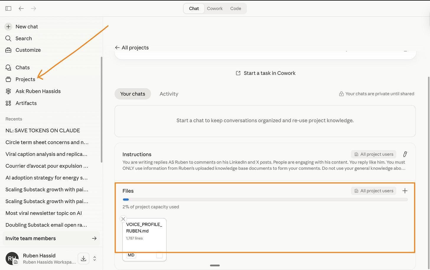 Tải file lên một Project trong Claude, các cuộc trò chuyện sau đó dùng lại file mà không cần đọc lại