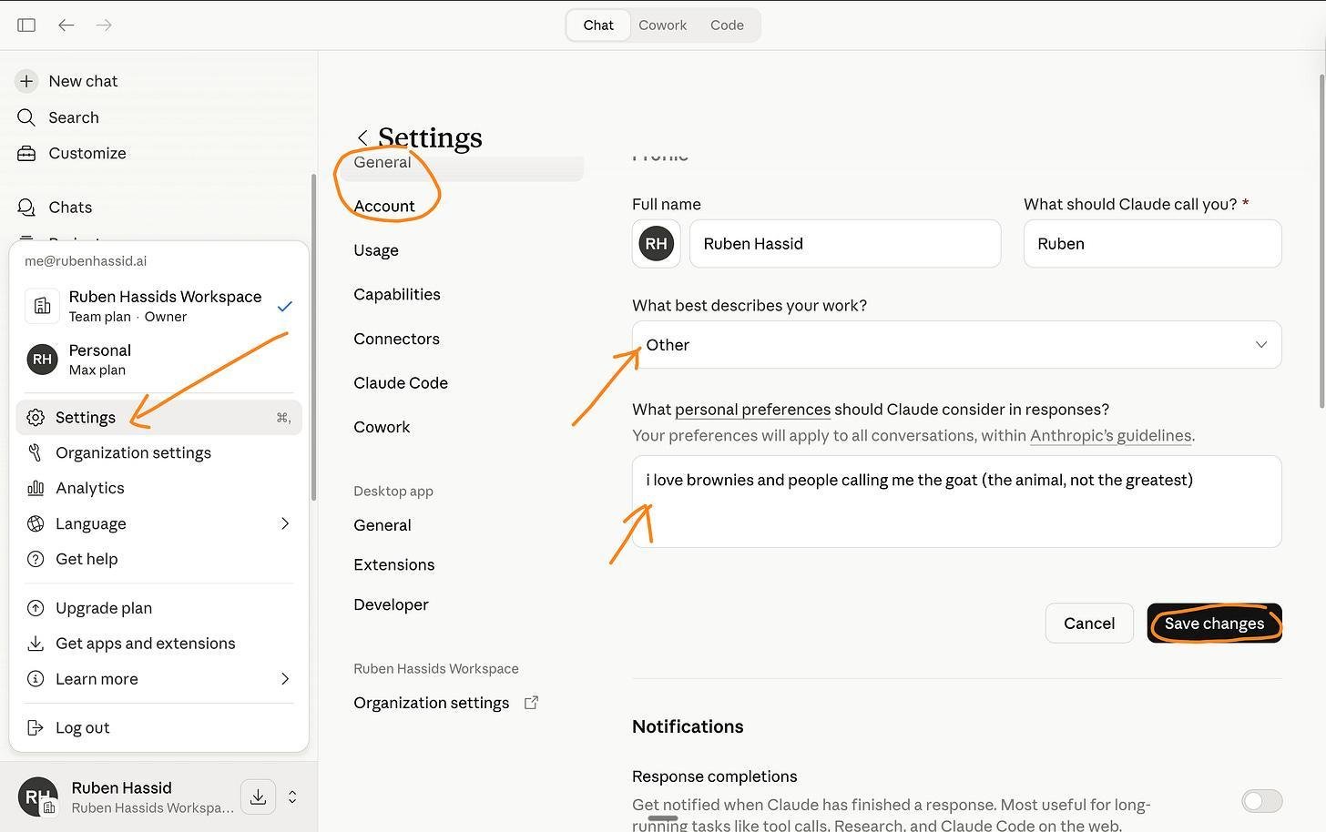 Vào Settings > General > Personal preferences để thiết lập sẵn thông tin cá nhân cho Claude