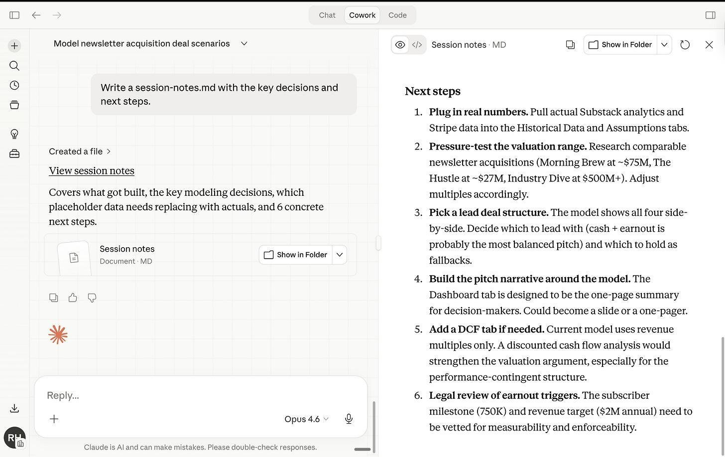 Tải file session-notes.md xuống để mang ngữ cảnh sang phiên Cowork tiếp theo mà không tốn token