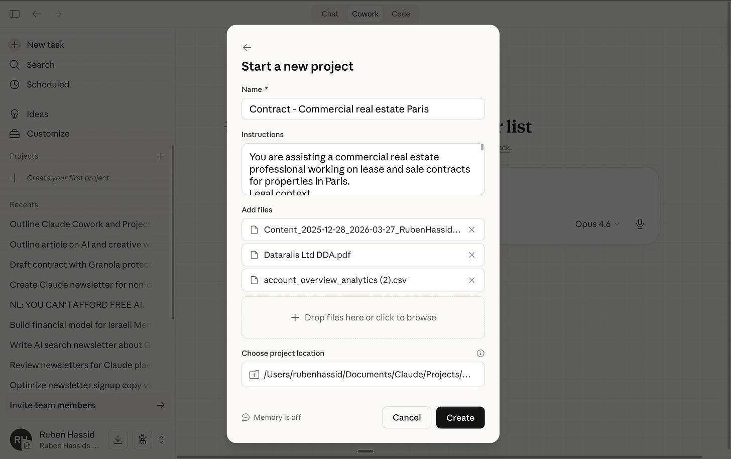 Ví dụ một Cowork Project được tạo cho luật sư bất động sản thương mại