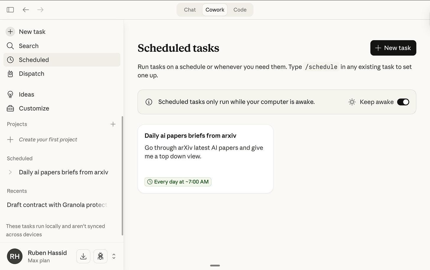 Thiết lập một tác vụ được lên lịch (scheduled task) cho Cowork Project