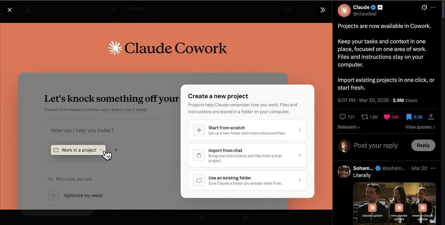 Thông báo cập nhật tính năng Projects được tích hợp vào Claude Cowork
