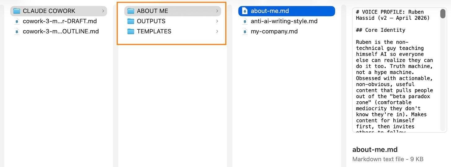 Cấu trúc folder Claude Cowork gồm ABOUT ME, OUTPUTS và TEMPLATES