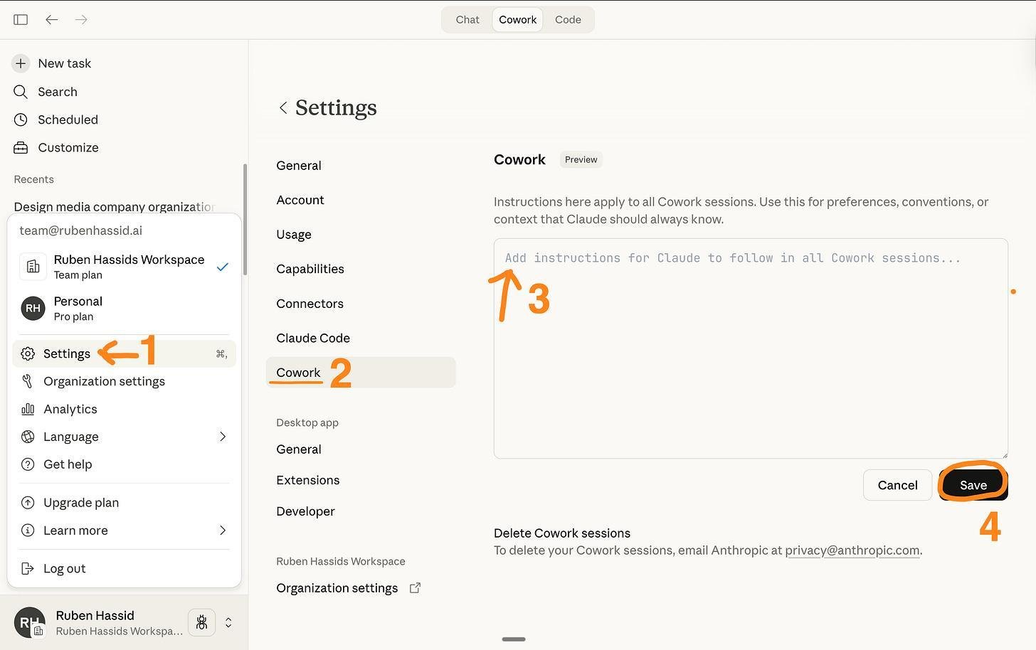 Màn hình chỉnh sửa Global Instructions trong Settings của Claude Cowork